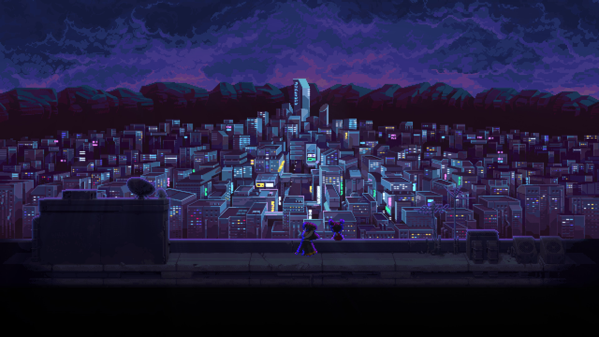Visão panorâmica da cidade do jogo Katana ZERO, com aparência cyberpunk